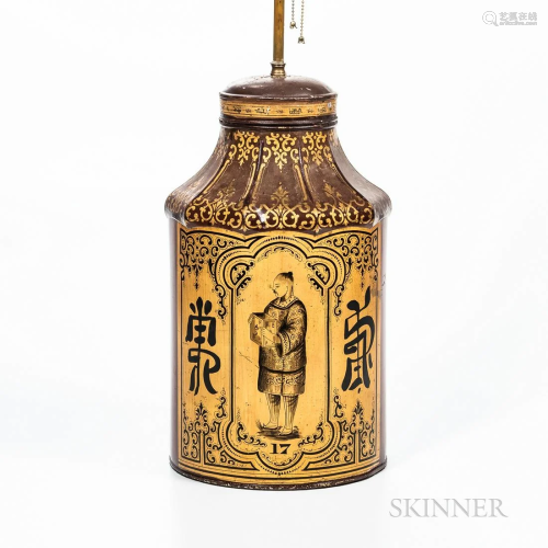 Painted and Gilded Tin Tea Canister Lamp Base, 19th century,...