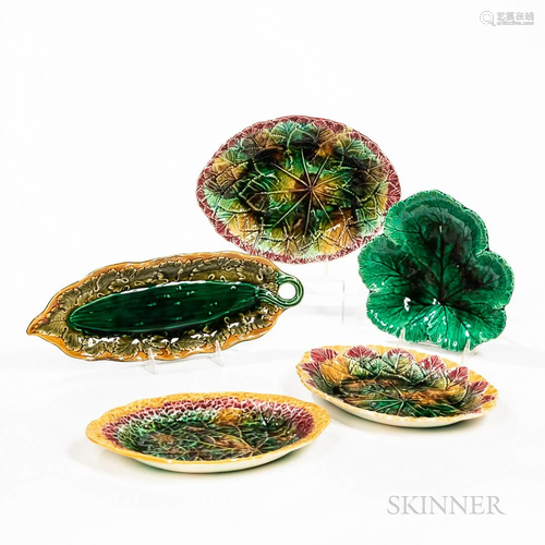 Five Majolica Leaf Dishes, late 19th century, three of simil...