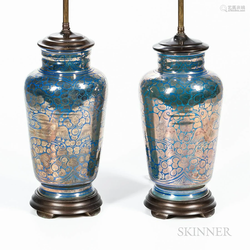 Pair of Blue Ground Lustre Decorated Vases, Continental, 19t...