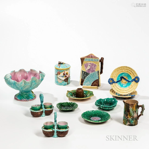 Thirteen Assorted Majolica Items, late 19th century, shell-s...