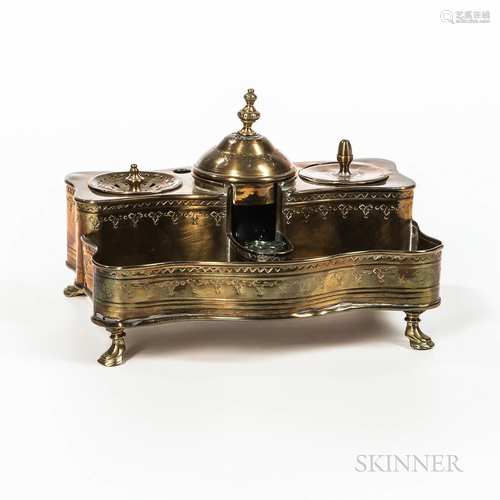 Brass Inkstand, late 18th/early 19th century, central inkpot...