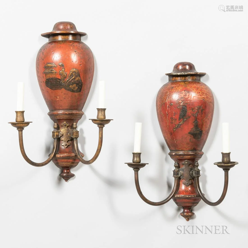 Pair of Japanned Two-light Wall Sconces, 19th century, each ...