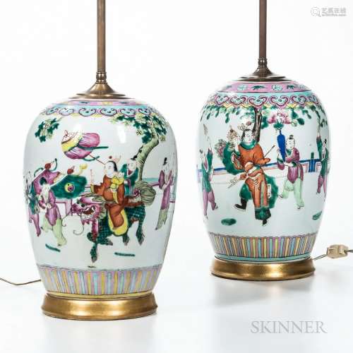 Pair of Chinese Export Porcelain Lamps, late 19th century, j...