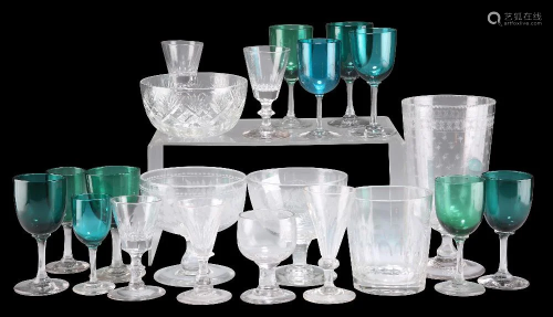 A GROUP OF VICTORIAN AND LATER GLASS, including seven green ...