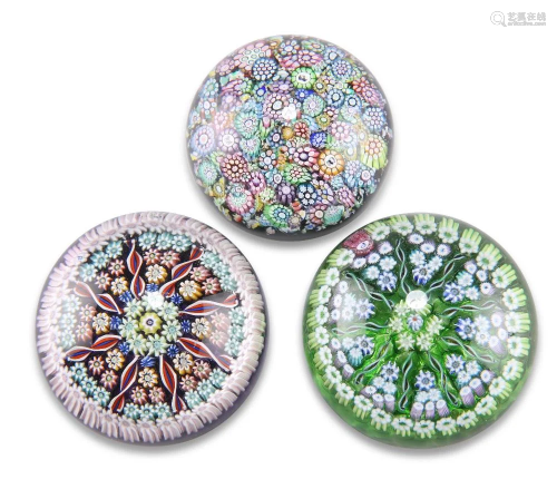 THREE PERTHSHIRE MILLEFIORI PAPERWEIGHTS, comprising one tig...