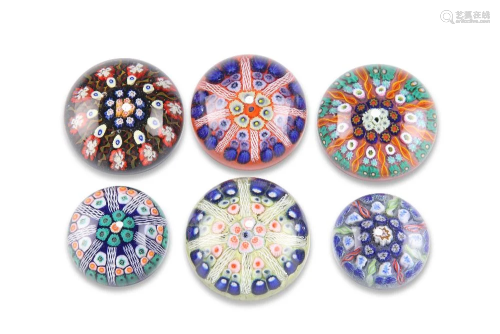 SIX VARIOUS STRATHEARN GLASS MILLEFIORI PAPERWEIGHTS, one be...