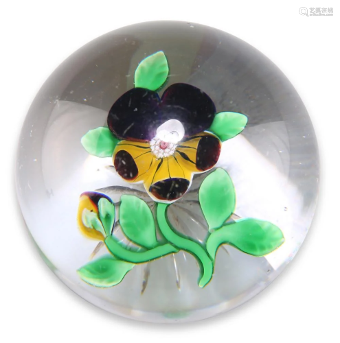 A BACCARAT LAMPWORK PANSY GLASS PAPERWEIGHT, the pansy spray...