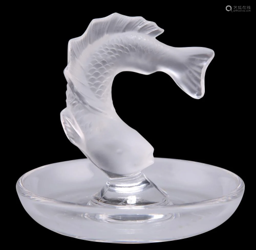 LALIQUE, A GLASS PIN DISH, with press-moulded leaping koi ca...
