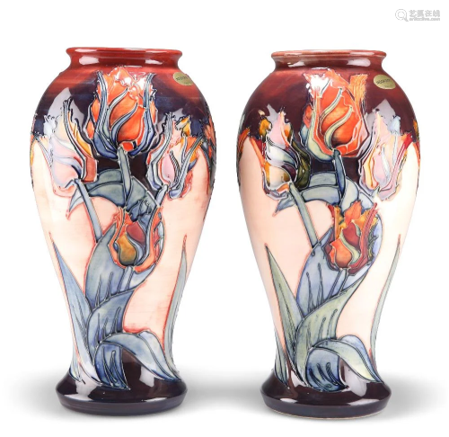 A PAIR OF MOORCROFT POTTERY LARGE VASES, of baluster form, t...
