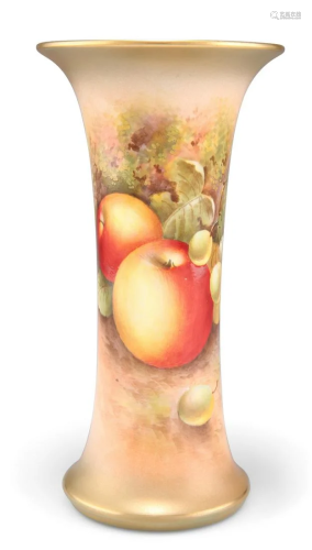 A ROYAL WORCESTER PORCELAIN TRUMPET VASE, painted with fruit...