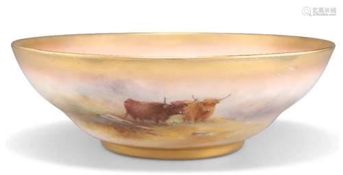 A ROYAL WORCESTER BOWL, shallow form and painted to the well...