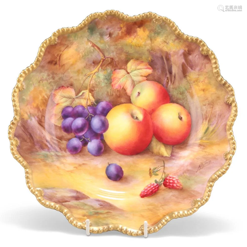 A ROYAL WORCESTER FRUIT PAINTED PLATE, with beaded shaped ed...