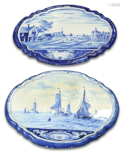 TWO SIMILAR DUTCH DELFT BLUE AND WHITE SHAPED OVAL WALL PLAQ...