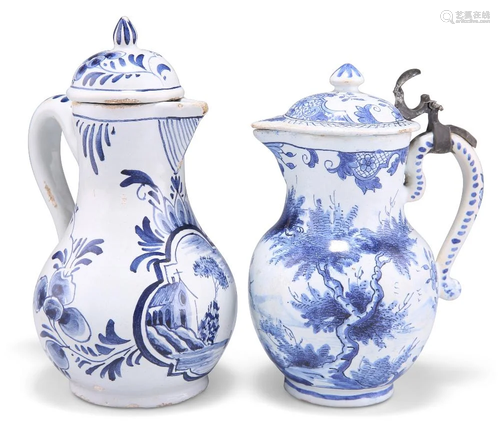 TWO DELFT CRUET JUGS, 19TH CENTURY, each blue painted, one w...