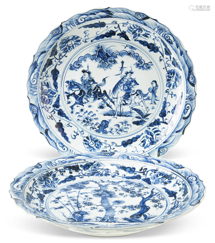 A LARGE PAIR OF CHINESE BLUE AND WHITE CHARGERS, circular wi...