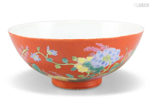 A CHINESE CORAL-GROUND ENAMELLED 'FLORAL' BOWL, ci...