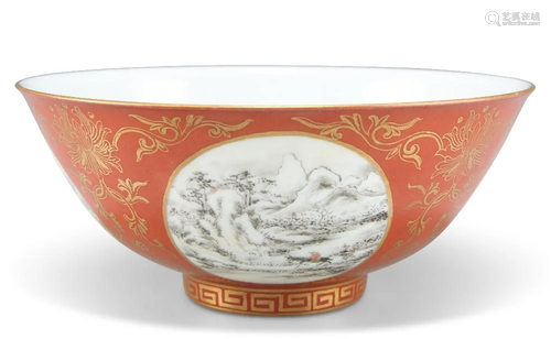 A CHINESE CORAL-GROUND 'MEDALLION' BOWL, the exter...