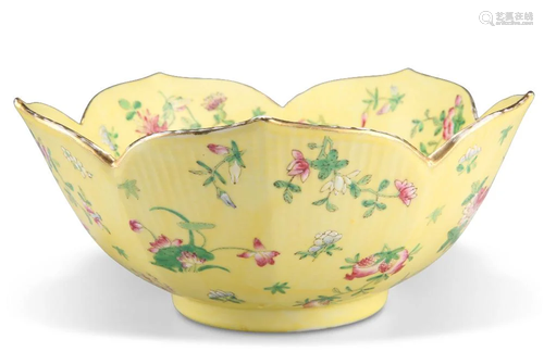 A CHINESE FAMILLE ROSE YELLOW-GROUND BOWL, of lotus-form, en...