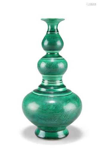 A CHINESE GREEN-GLAZED TRIPLE GOURD VASE, PROBABLY 19TH CENT...