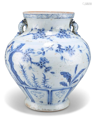 A CHINESE YUAN-STYLE BLUE AND WHITE VASE, painted with prunu...