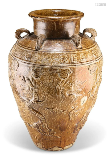 A CHINESE MARTABAN LARGE JAR, with moulded dragons and crane...