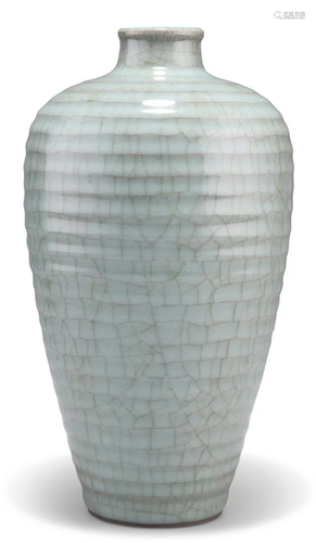 A CHINESE CELADON RIBBED MEIPING, of shouldered ovoid form w...