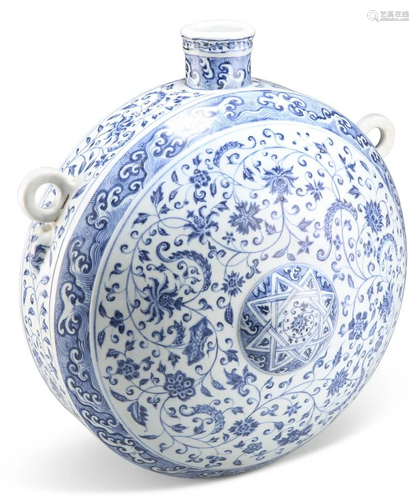 A MING-STYLE BLUE AND WHITE FLASK, BIANHU, of circular form ...