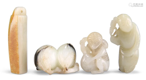 FOUR CHINESE JADE CARVINGS, comprising A MONKEY AND PEACH GR...