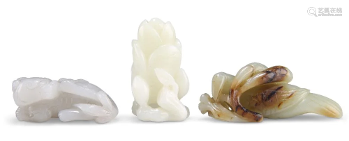 THREE CHINESE JADE GROUPS, comprising A BIRD AND PRUNUS GROU...