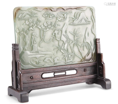 A CHINESE JADE TABLE SCREEN, the rectangular jade plaque car...