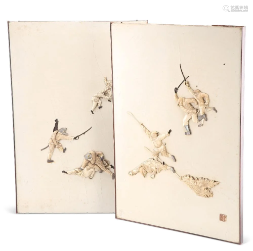 A PAIR OF JAPANESE IVORY AND INLAID PANELS, MEIJI PERIOD, an...