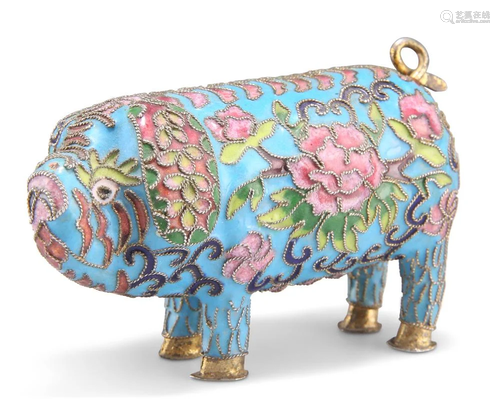 A CHINESE CLOISONNE MODEL OF A PIG, enamel decorated with fo...