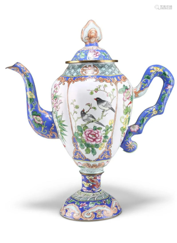 A CANTONESE ENAMEL COFFEE POT, of lobed ovoid form, enamel d...