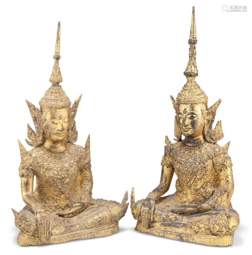 A PAIR OF GILDED METAL BRONZE FIGURES OF BUDDHA, THAI, 19TH ...