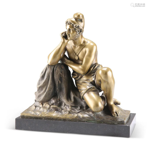 AN ITALIAN BRONZE OF A FISHERMAN, CIRCA 1900, cast reclining...