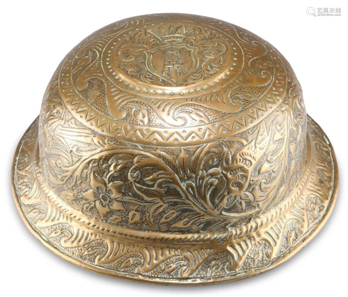 A 17TH CENTURY BRASS WINE COOLER, deep bowl form and richly ...