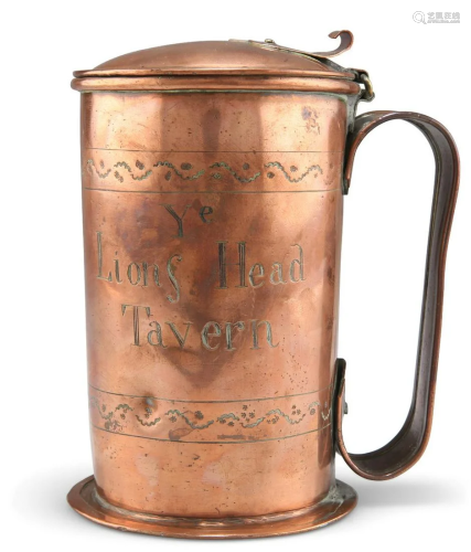 A COPPER LIDDED TAVERN TANKARD, cylindrical form with flared...