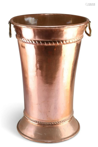A LARGE COPPER STICKSTAND, flared cylindrical with embossed ...