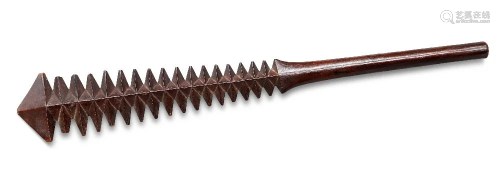 A SAMOAN TALAVALU HARDWOOD WAR CLUB, the handle leading to b...