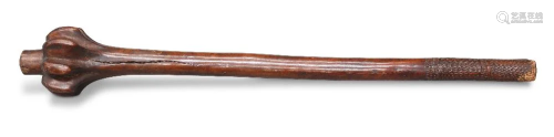 A FIJIAN WAKA WOODEN WAR CLUB, rootstock, the head with seve...