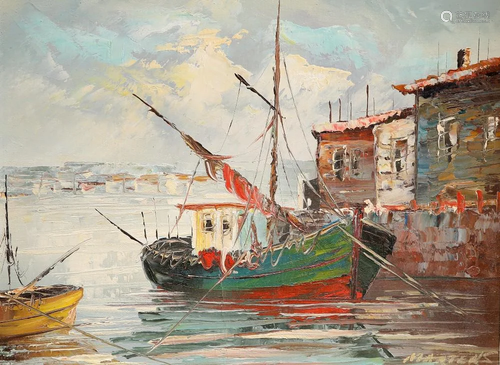 MARTENS (20TH CENTURY) MOORED FISHING BOATS, oil on canvas, ...