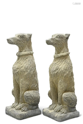 A PAIR OF RECONSTITUTED STONE DEERHOUNDS, each sitting looki...