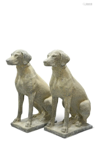 A PAIR OF RECONSTITUTED STONE HUNTING DOGS, each sitting loo...