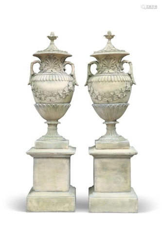 A PAIR OF EXCEPTIONALLY LARGE RECONSTITUTED STONE GARDEN URN...