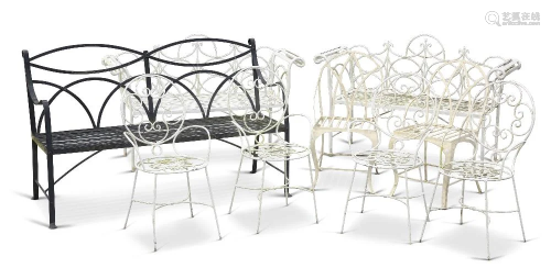 A GROUP OF PAINTED STEEL GARDEN FURNITURE, comprising three ...