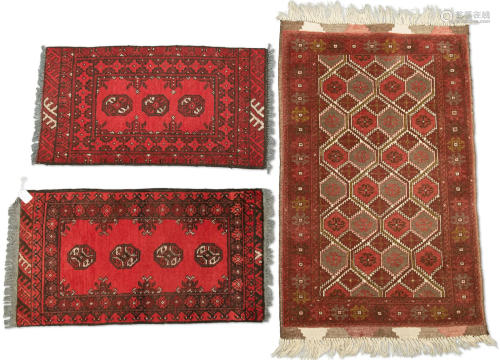 FIVE VARIOUS SMALL RUGS, comprising A PERSIAN PRAYER RUG, ha...