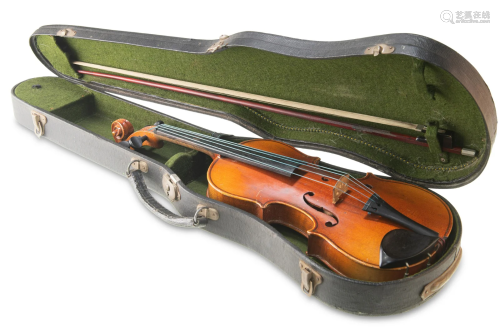 A 1/2 SIZED VIOLIN, with two-piece back, figured neck and sc...