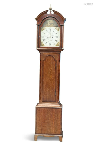 AN EARLY 19TH CENTURY OAK AND MAHOGANY EIGHT-DAY LONGCASE CL...