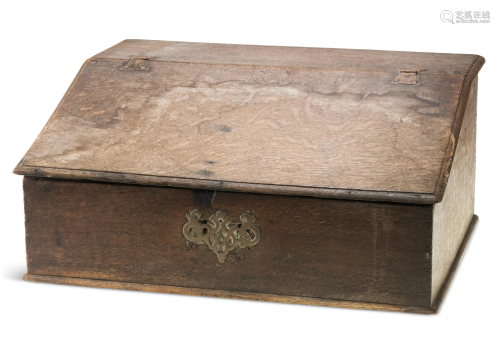 AN OAK SLOPE-FRONT BIBLE BOX, with decorative hinges and lat...