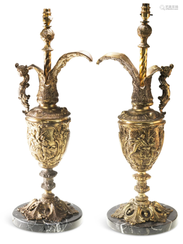 A PAIR OF RENAISSANCE REVIVAL LARGE BRASS EWER LAMPS, 19TH C...